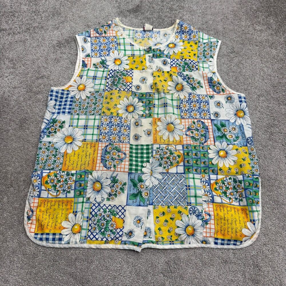 Vintage Granada Daisy Floral Patchwork Snap Button Vest Top Womens 1X Plus Boho